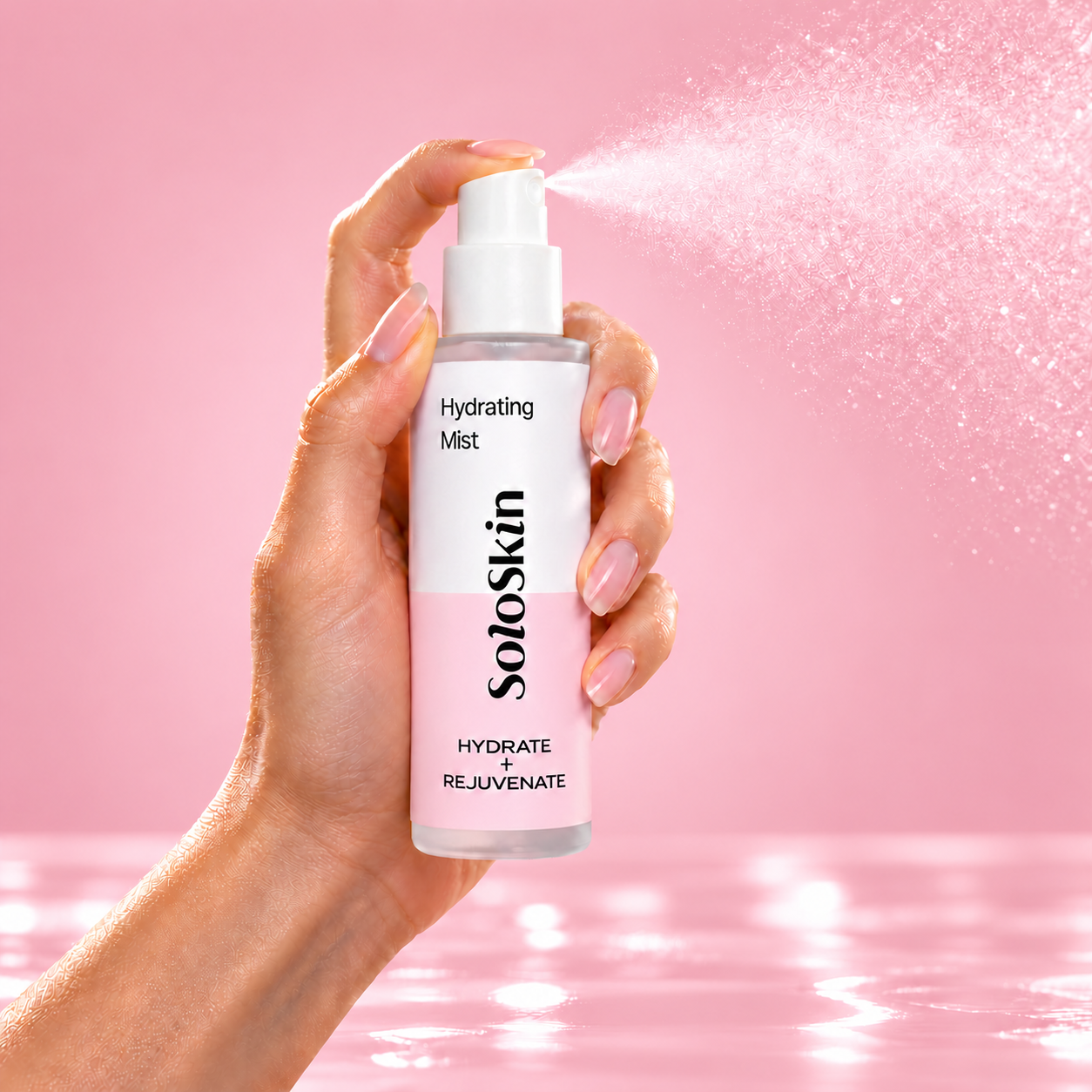 Hand spraying Solo Skin Hydrating Mist against a pink background