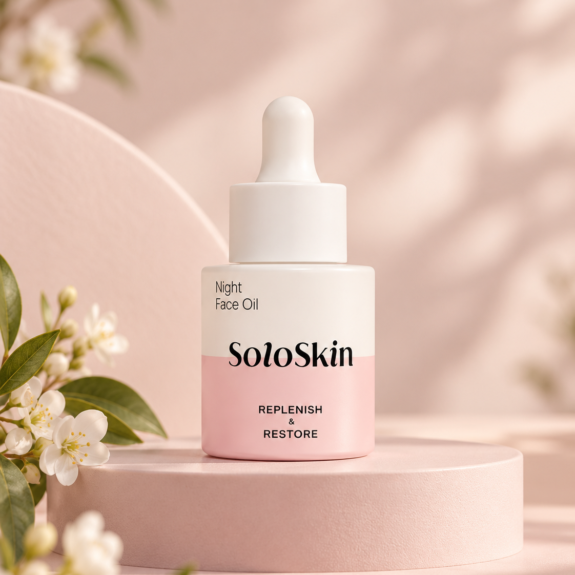 Solo Skin Night Face Oil dropper bottle on a pink plinth with a glass sphere