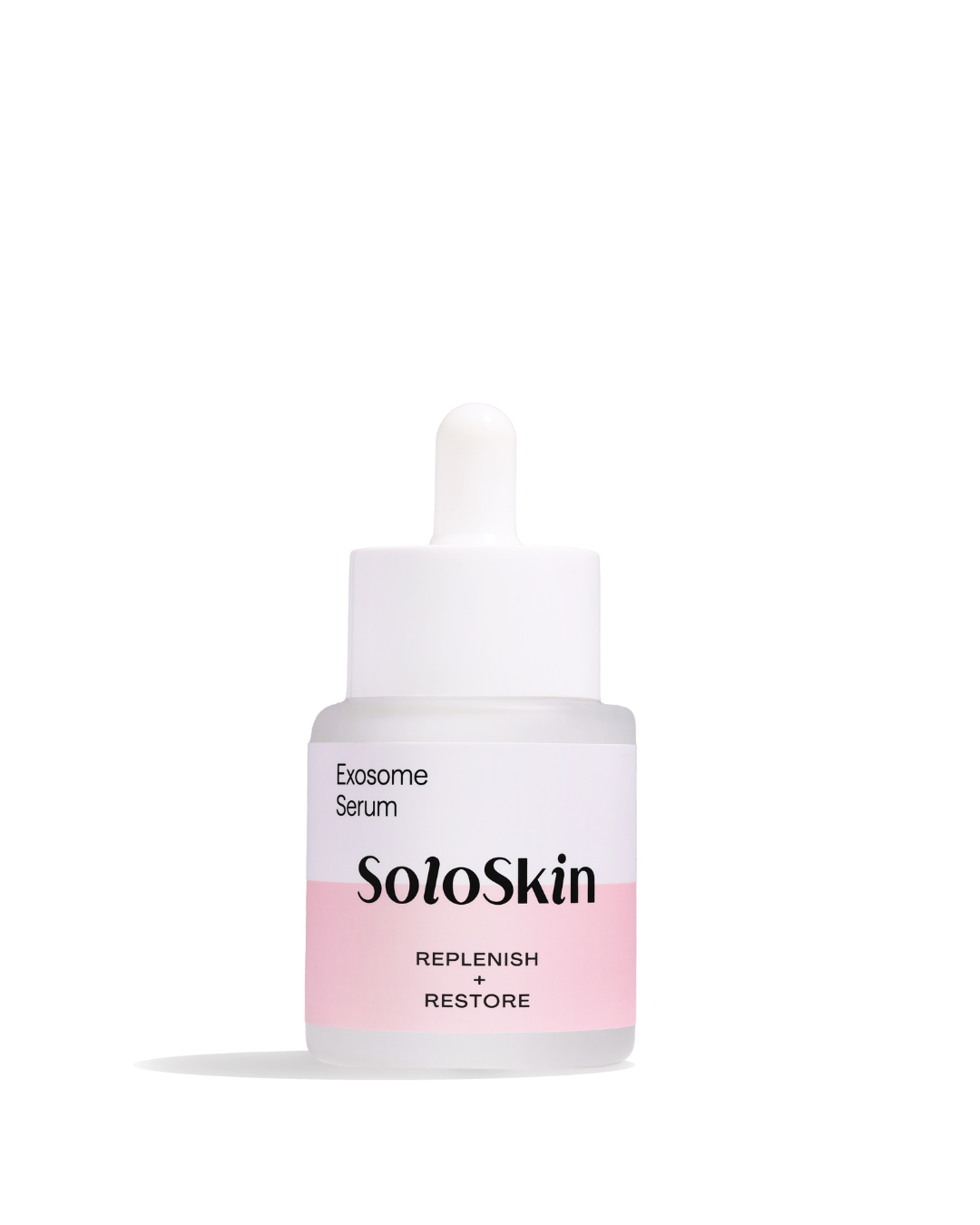 SoloSkin Exosome Serum bottle with pink gradient on a white background